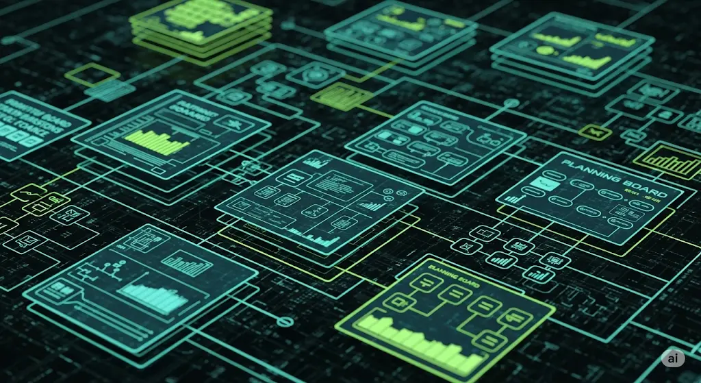 Abstract visualization of a digital strategy blueprint, symbolizing a data-driven approach to website design.